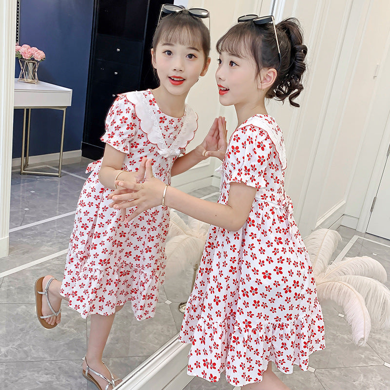 Summer children's pure cotton French palace puff sleeve dress short-sleeved floral princess middle and large children's stylish slim trend