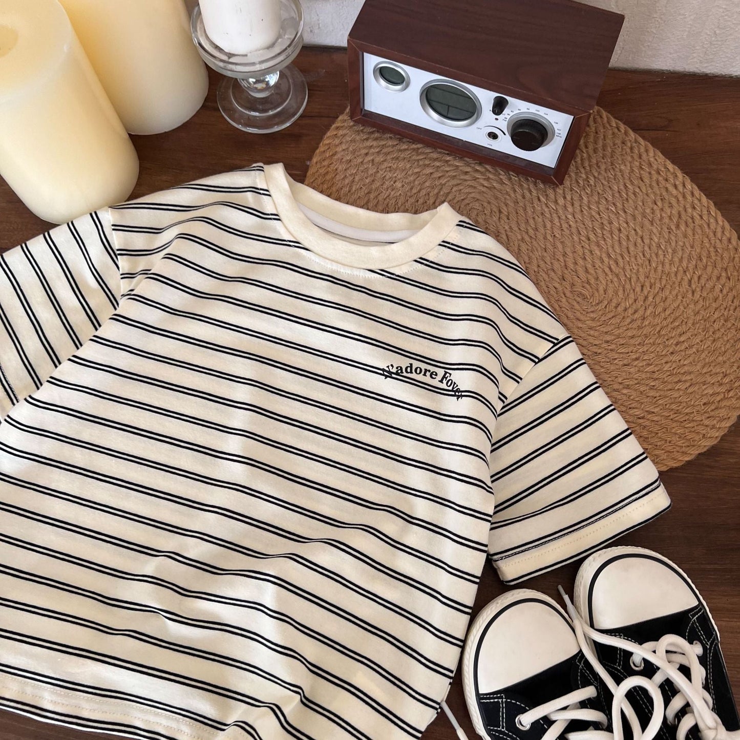 Children's clothing short-sleeved 2024 summer new boys striped versatile casual T-shirt children's fashion trend simple short-sleeved T