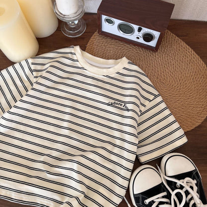 Children's clothing short-sleeved 2024 summer new boys striped versatile casual T-shirt children's fashion trend simple short-sleeved T