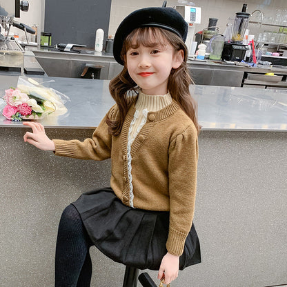 Girls' fake two-piece sweater Korean style button sweater warm base fragrance style lace sweater elastic Japanese style middle and small children