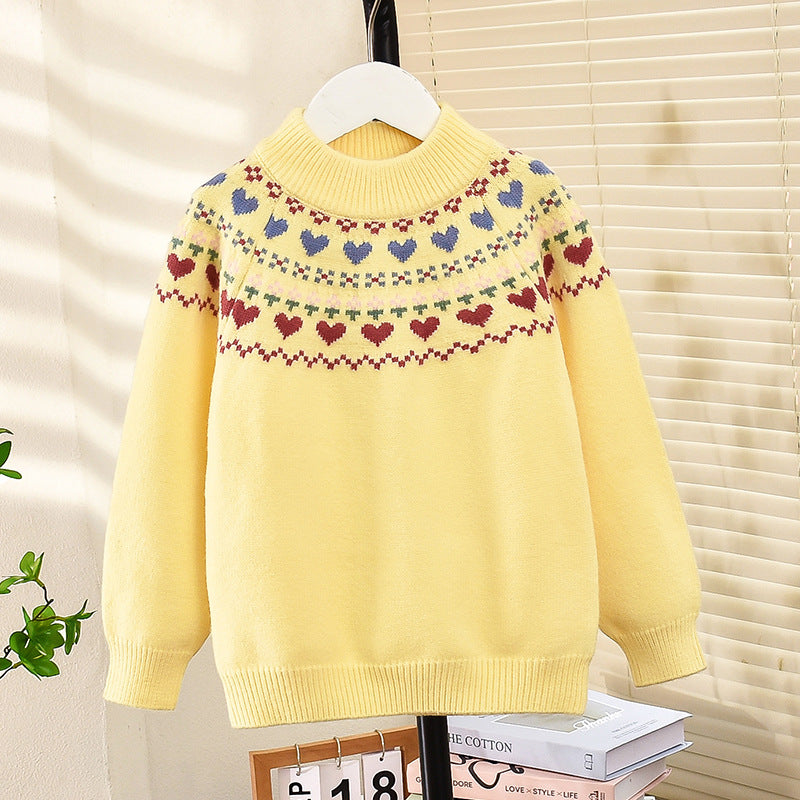 Girls winter sweater thickened love Korean style knitted pullover bottom line sweater for school wear kindergarten soft