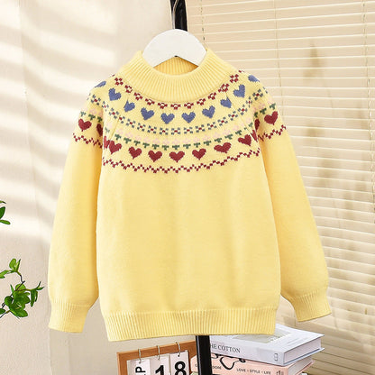 Girls winter sweater thickened love Korean style knitted pullover bottom line sweater for school wear kindergarten soft