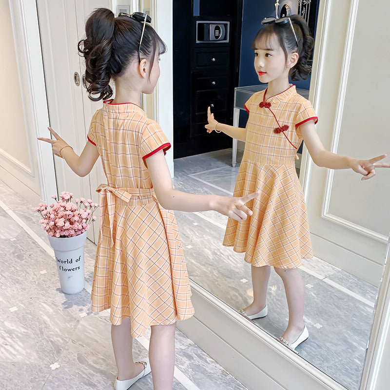 Girls short-sleeved cheongsam dress 2024 summer new Chinese style retro style dress Western style cotton plaid skirt