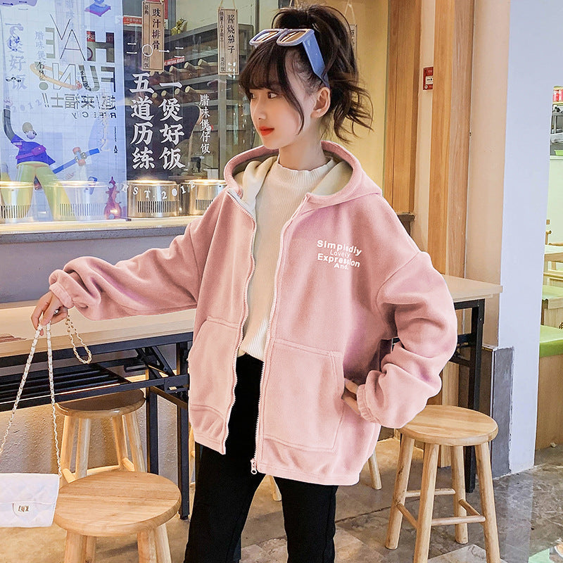 Girls winter clothes 2024 new double-sided fleece warm polar fleece thickened velvet cardigan jacket with hood sports style