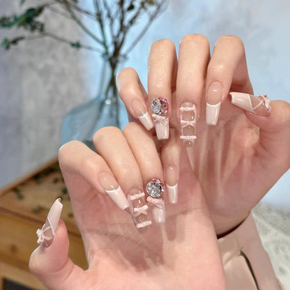 Wearable nail art nail tips wholesale ice transparent pure desire style Xiaohongshu hot-selling alloy bow nail stickers finished products