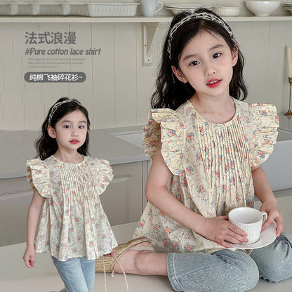 Summer children's cotton baby shirt pure cotton shirt Korean version of floral tops children's thin and cool loose flying sleeves French style