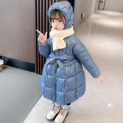 Girls winter long cotton coat elementary school students kindergarten cotton jacket skirt style Korean style bow princess dress