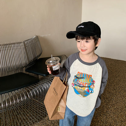 [Clearance Sale] Children's Long Sleeve T-shirt Boys 2024 Spring Cartoon Raglan Bottoming Shirt Color Block Fashion Top