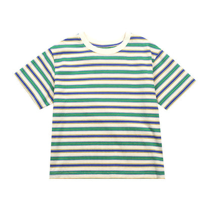 Amo Beibei children's 2024 summer refreshing breathable tops for boys and girls baby cotton striped stylish short-sleeved T-shirt