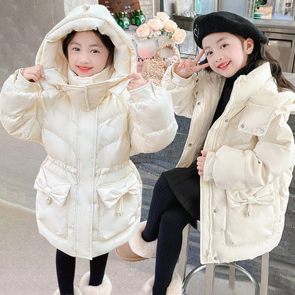 Girls new cotton coat with bow tie Korean style waist thick warm and long cotton coat for middle and large children three-proof wash-free fabric