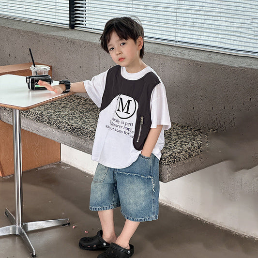 Amo Beibei children's fashionable fake two-piece tops 2024 summer boys handsome letter contrast color waistcoat T-shirt trend