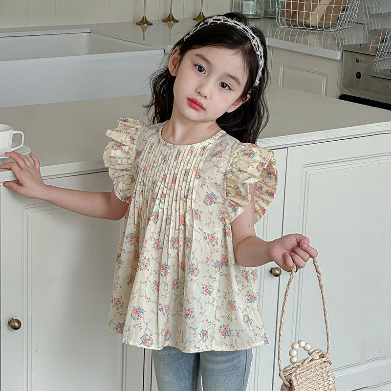 Summer children's cotton baby shirt pure cotton shirt Korean version of floral tops children's thin and cool loose flying sleeves French style