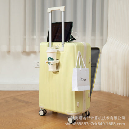 Suitcase with USB interface, front opening trolley case for women, men's fashion cup holder, password suitcase 20 cabin case 