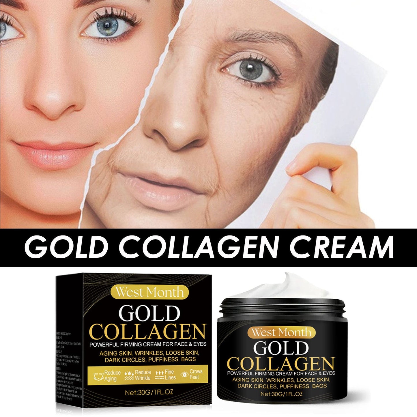 West&amp;Month Gold Collagen Cream បន្តឹងស្បែក ផ្តល់សំណើម ជួសជុល បង្រួមរន្ធរោម ក្រែមប្រឆាំងភាពជ្រីវជ្រួញ 