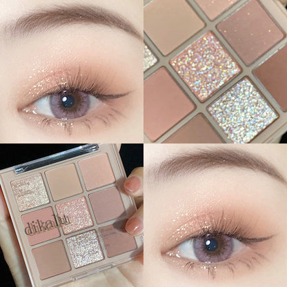 DIKALU milk tea nine-grid eyeshadow low-saturation almond knitted nine-color eyeshadow palette pearlescent matte fine flash cross-border