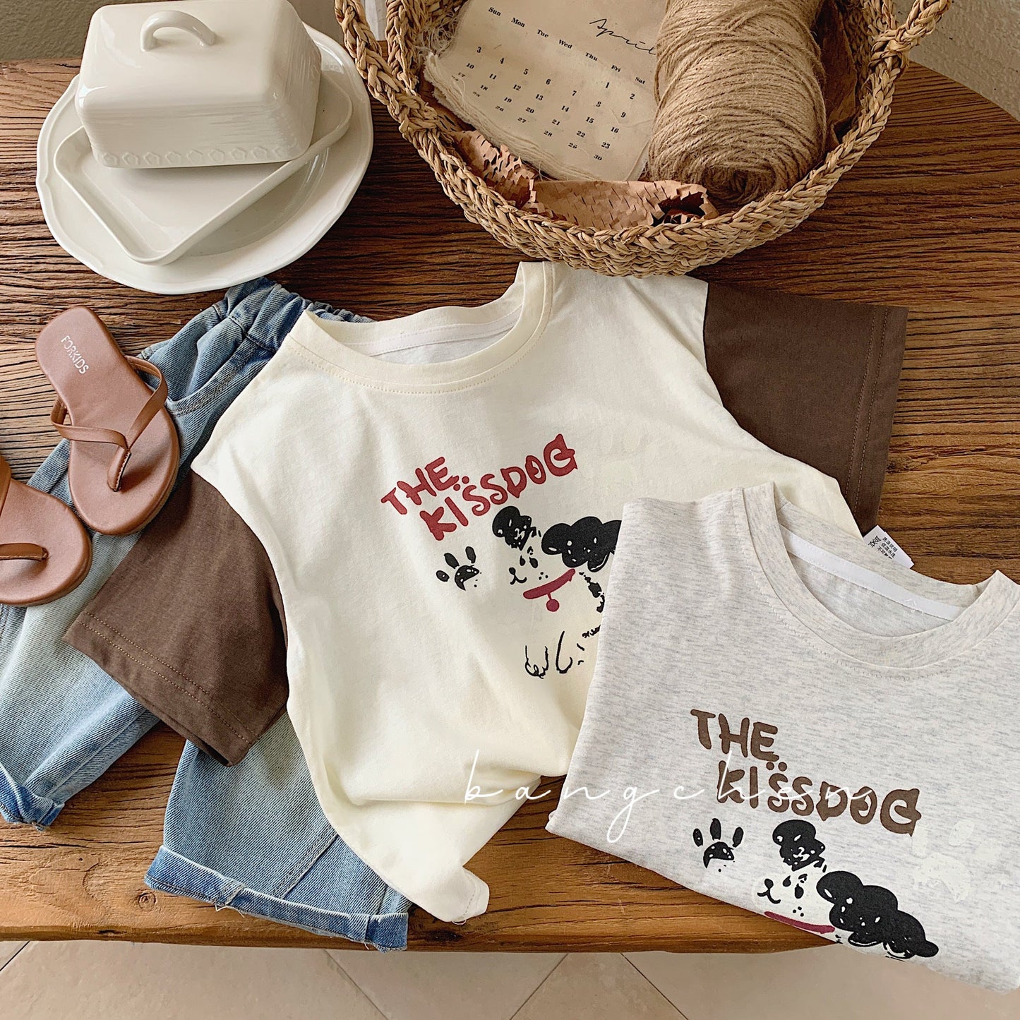 Children's T-shirt Bangcheng 2024 summer boys' color matching short-sleeved T-shirt children's clothing puppy print short-sleeved top trendy G0075