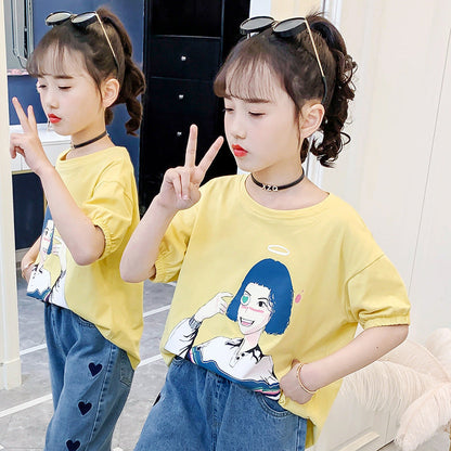 Girls short-sleeved T-shirt 2024 new style children's summer cartoon T-shirt medium and large children's loose printed top