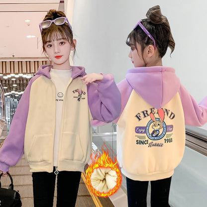 Girls 2024 Winter Plus Velvet Thickened Jacket Zipper Cardigan Hooded Polar Fleece Contrast Color Sports Fat Lambswool Warm