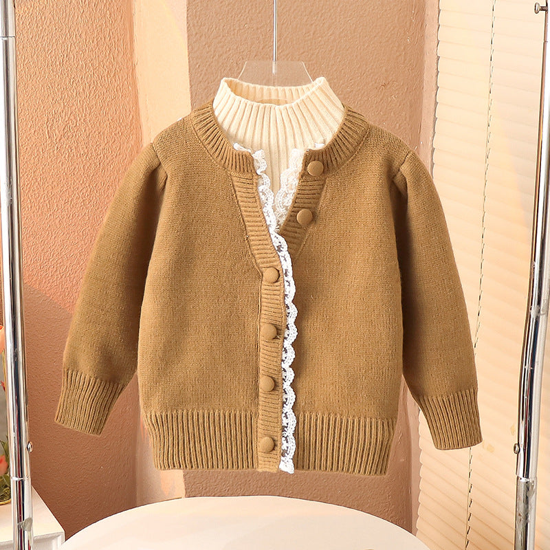 Girls' fake two-piece sweater Korean style button sweater warm base fragrance style lace sweater elastic Japanese style middle and small children