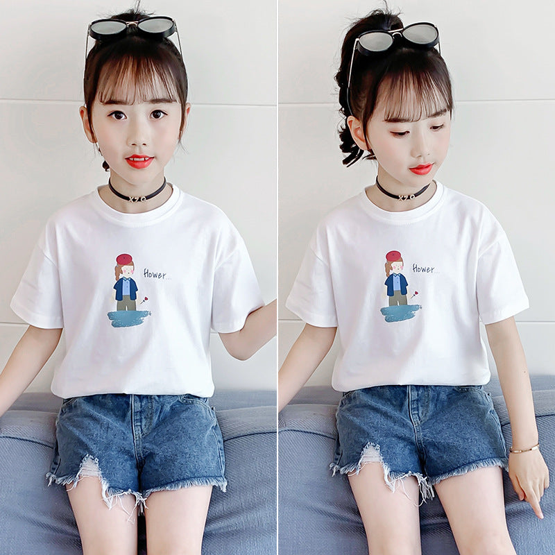 Girls short-sleeved T-shirt 2024 summer new style for middle and large children cartoon print round neck T-shirt sports cotton T top