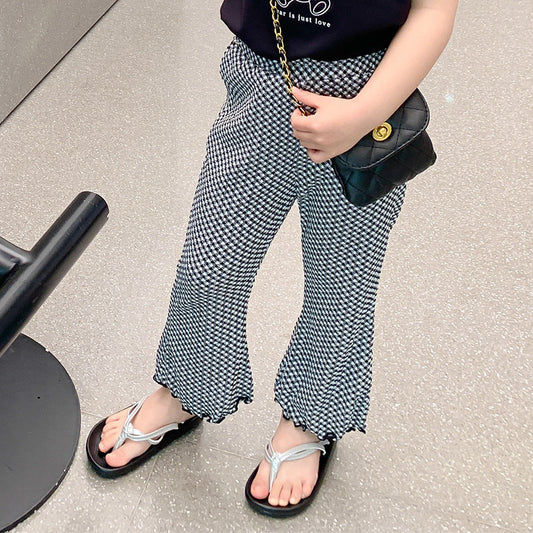 Korean children's clothing 2024 summer new style girls houndstooth straight pants small and medium children's stylish anti-mosquito pants plaid trousers