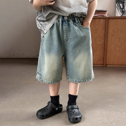 Elmo Beibei Boys 2024 Summer Handsome Sand Washed Cotton Ripped Shorts Baby Korean Style Straight Denim ខោប្រាំចំណុច