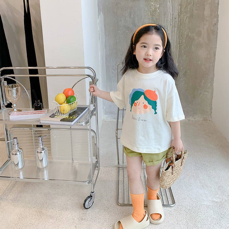 Korean children's clothing 2024 summer new children's short-sleeved girls baby trendy cartoon doll print T-shirt tops