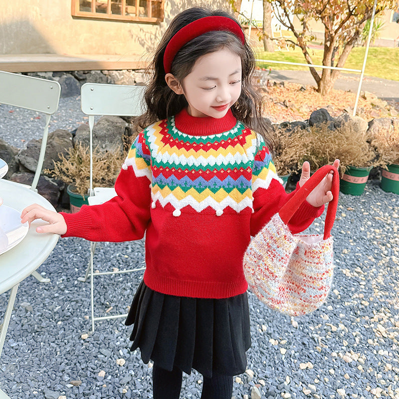 Girls' new sweater pullover knitted sweater bottom line sweater Christmas red top thick warm round neck outer wear