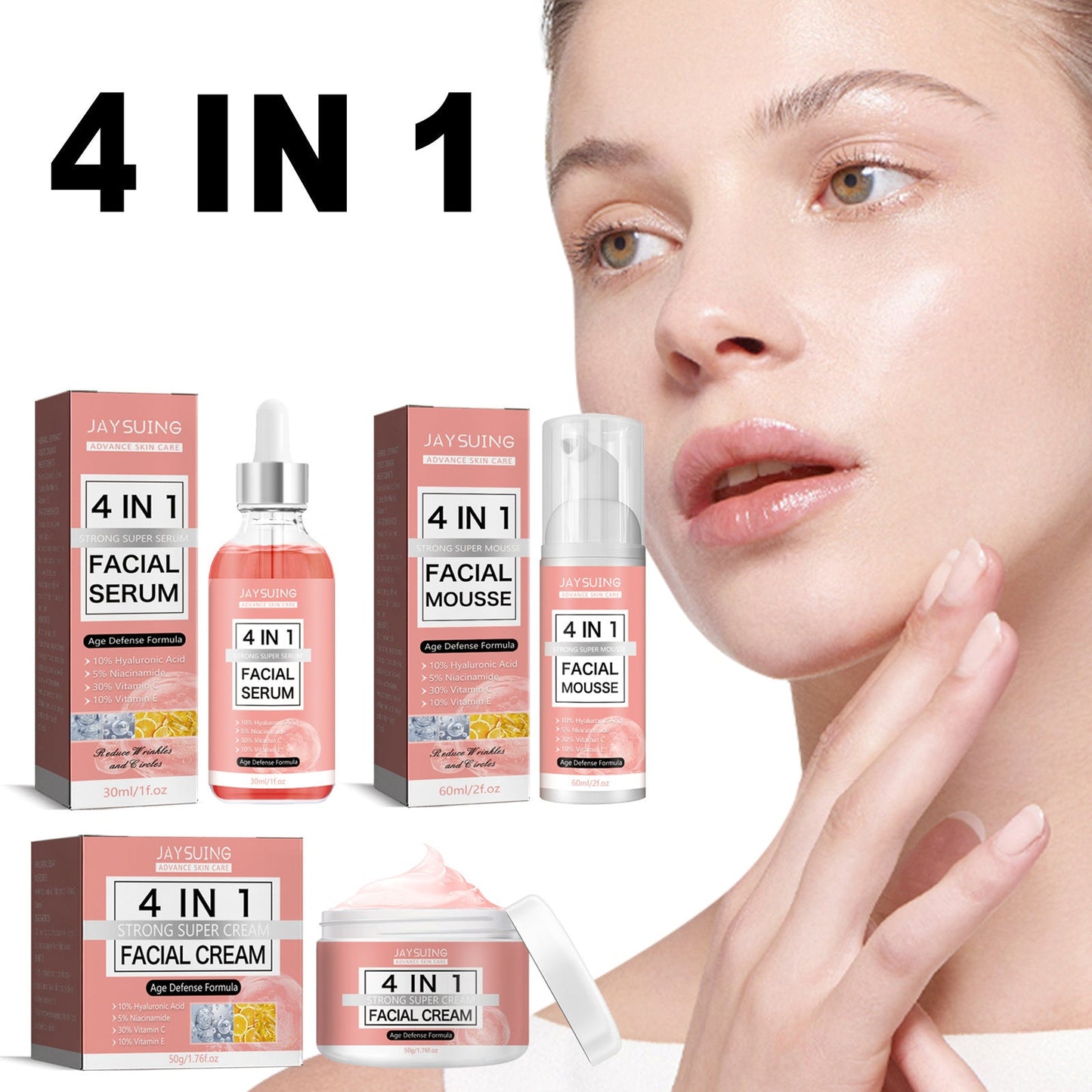 Jaysuing 4-in-1 Facial Skin Care Essence Cream Firming Moisturizing Skin Cleansing Moisturizing Oil Control Set 