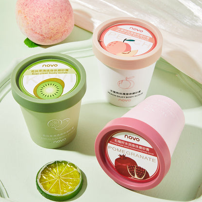 NOVO peach silky body scrub pomegranate seeds kiwifruit moisturizing clear cleansing softening cuticles tender and smooth