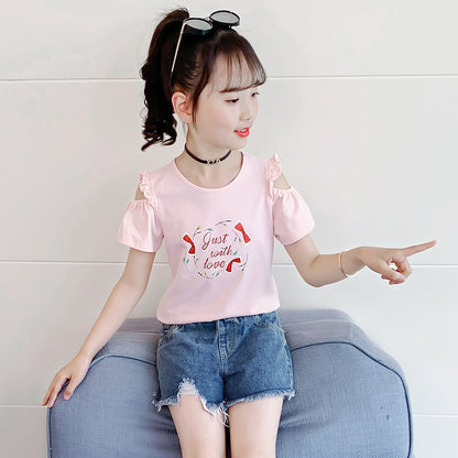 Children's summer short-sleeved T-shirt 2024 new cute printed off-shoulder T-shirt girl's ear-edge cotton top trend