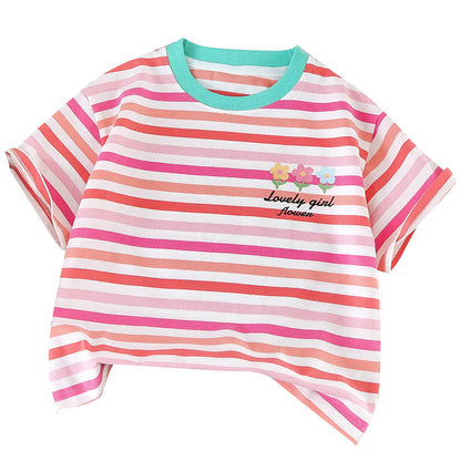 Children's summer striped tops short-sleeved cotton T-shirts elastic printed flowers kindergarten elementary school elastic loose middle and large children