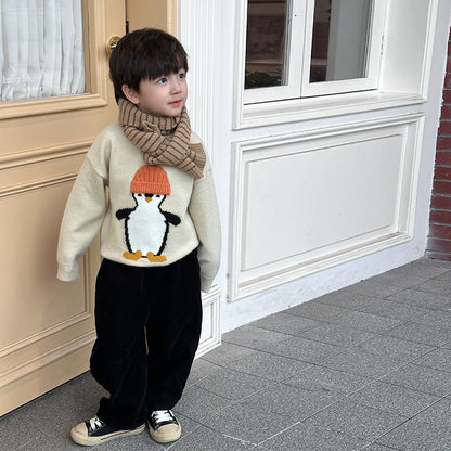 Amo Beibei children's 2023 winter warm sweater thick cute three-dimensional cartoon embroidery round neck knitted sweater trend