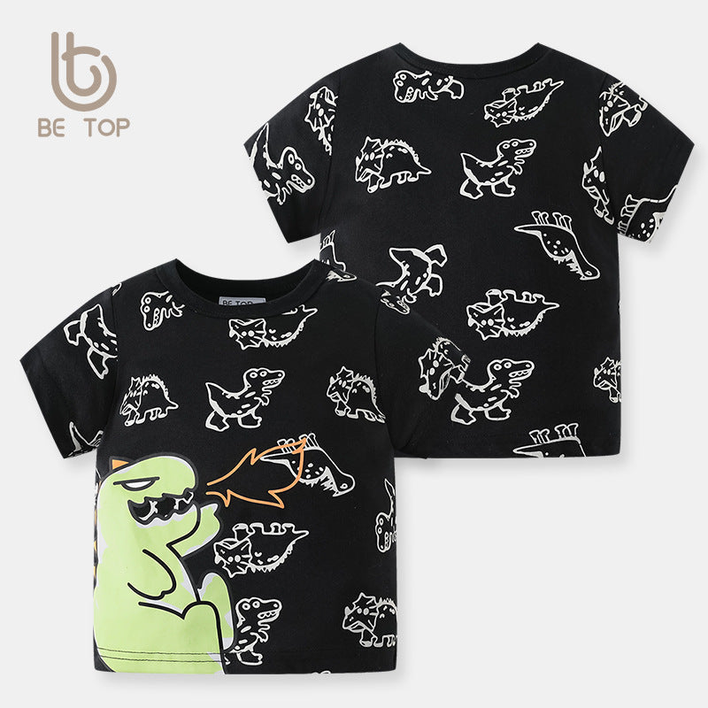 betop Korean version boys cartoon-sleeved summer full-print ដាយណូស័រ អាវយឺតកូនក្មេង កប្បាសសុទ្ធ dropshipping