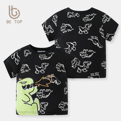 betop Korean version boy cartoon short-sleeved summer full print dinosaur pure cotton baby children T-shirt tops one piece