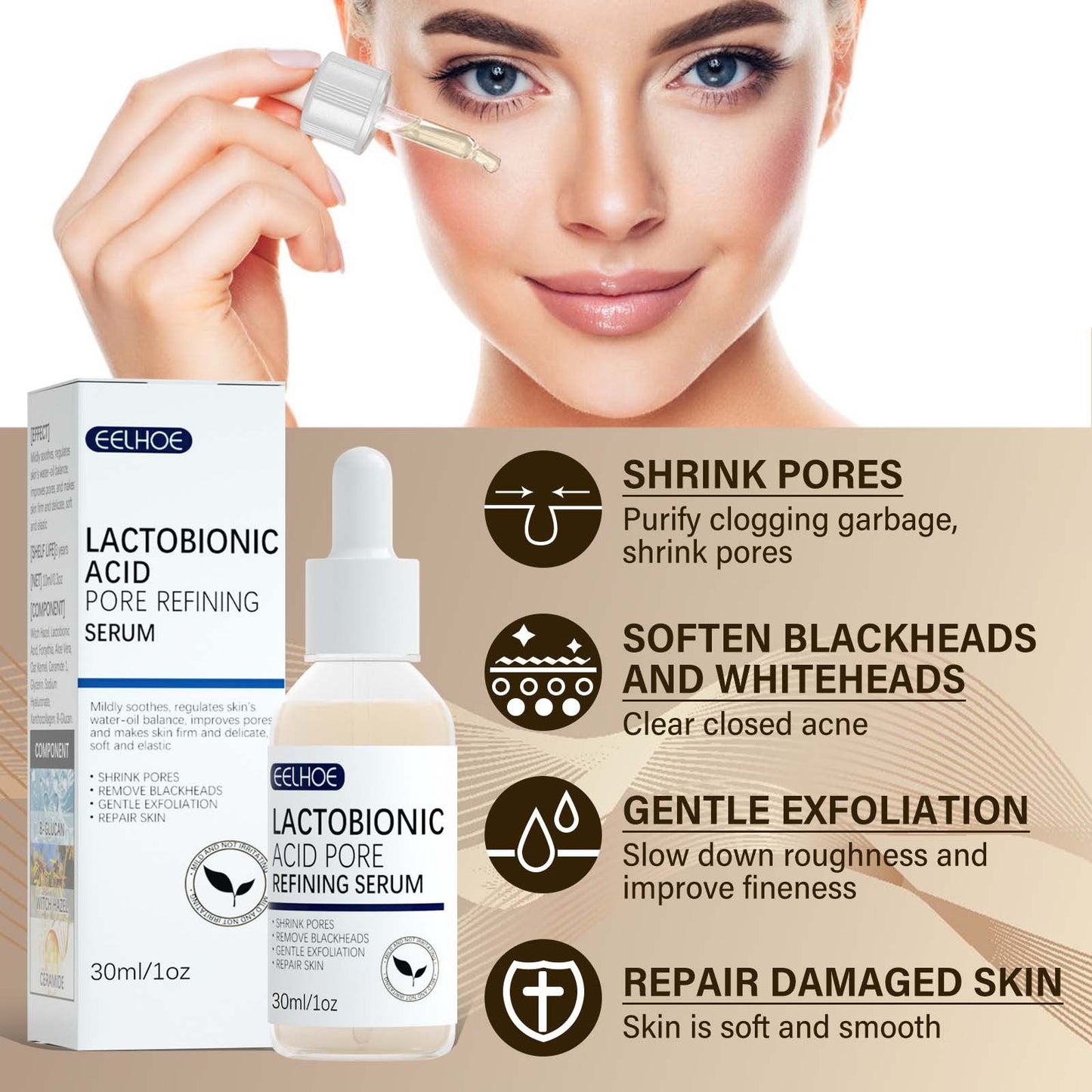 EELHOE lactobionic acid pore tightening essence skin elasticity delicate repair cleansing blackhead acne skin care 