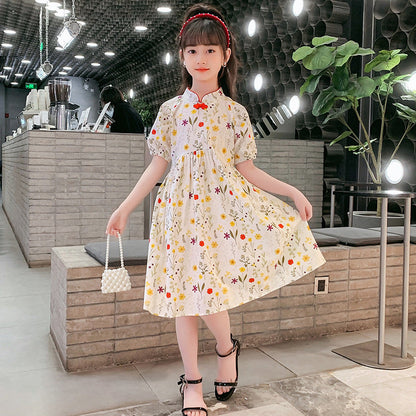 Girls summer cotton dress pure cotton floral long dress ethnic style pastoral French style Republic of China style improved new cheongsam