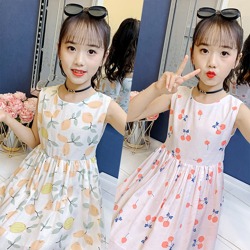 Girls dress 2024 summer new children's stylish printed cotton skirt little girl sleeveless cartoon vest skirt