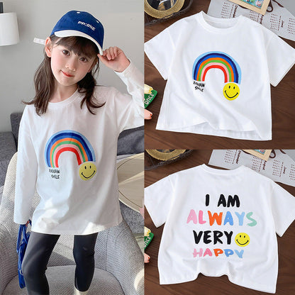 Summer girls short-sleeved T-shirt children's boys cotton T-shirt rainbow letter color printing loose elastic kindergarten trend