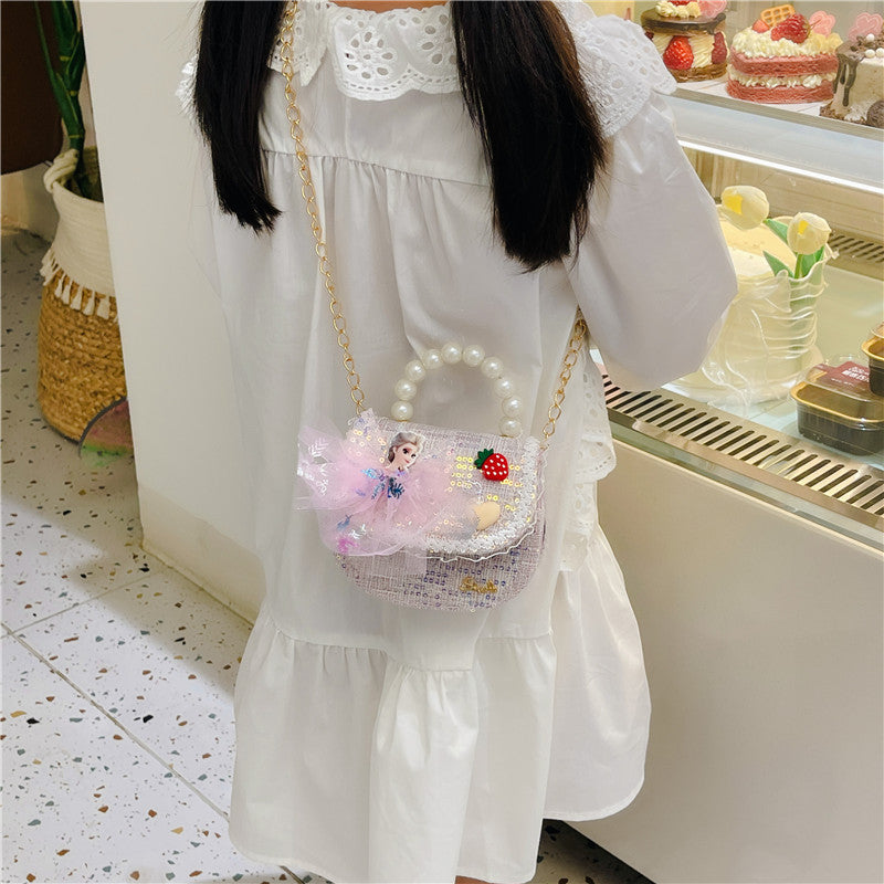 Children's Bags Girls Cute Little Princess Crossbody Bag Cartoon Little Girl Pearl Handbag Versatile Chain Shoulder Bag