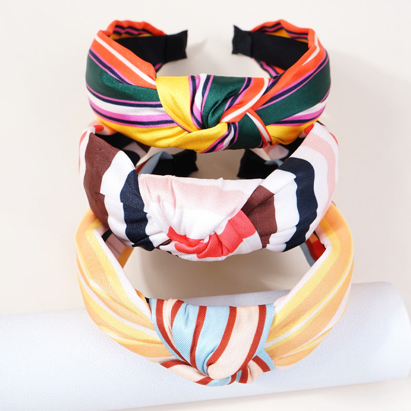 2024 new style headband for women European and American retro ethnic style knotted head buckle striped color matching wide-brimmed French headband