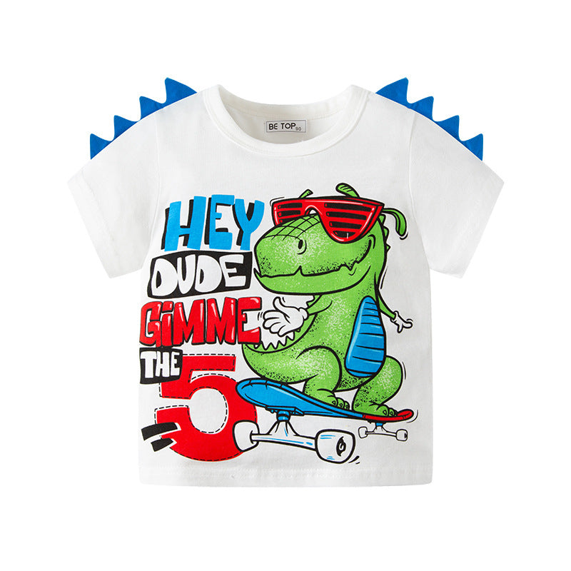 2024 New Dinosaur 3D Children Cartoon Short Sleeve T-shirt Boy Baby Knitted Top Wholesale One Piece Dropshipping