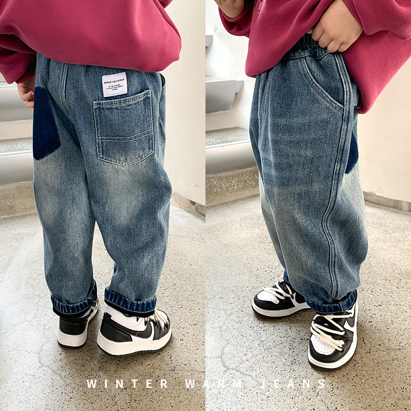 Amo Beibei 2023 Winter Children's Handsome Thickened Trousers Boys One-piece Fleece Retro Straight Label Jeans