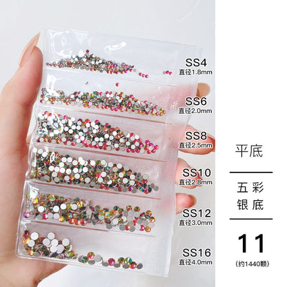 Nail jewelry wholesale 6-grid bagged rhinestones AB diamonds colored diamonds glass diamonds super flash flat bottom diamonds mixed colorful silver bottom