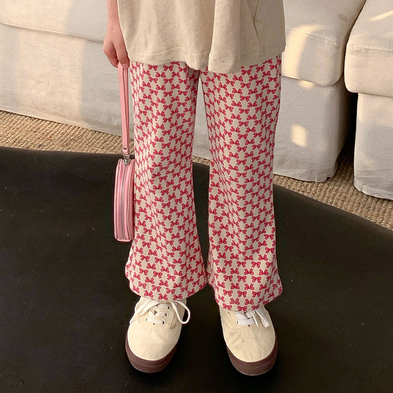 2024 Spring New Korean Version Small and Medium Children Baby Bow Printed Trousers Girls Fashion Elastic Flared Pants