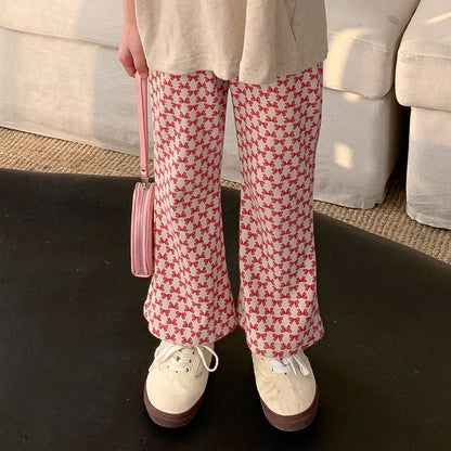 2024 Spring New Korean Version Small and Medium Children Baby Bow Printed Trousers Girls Fashion Elastic Flared Pants