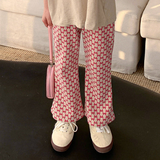 2024 Spring New Korean Version Small and Medium Children Baby Bow Printed Trousers Girls Fashion Elastic Flared Pants