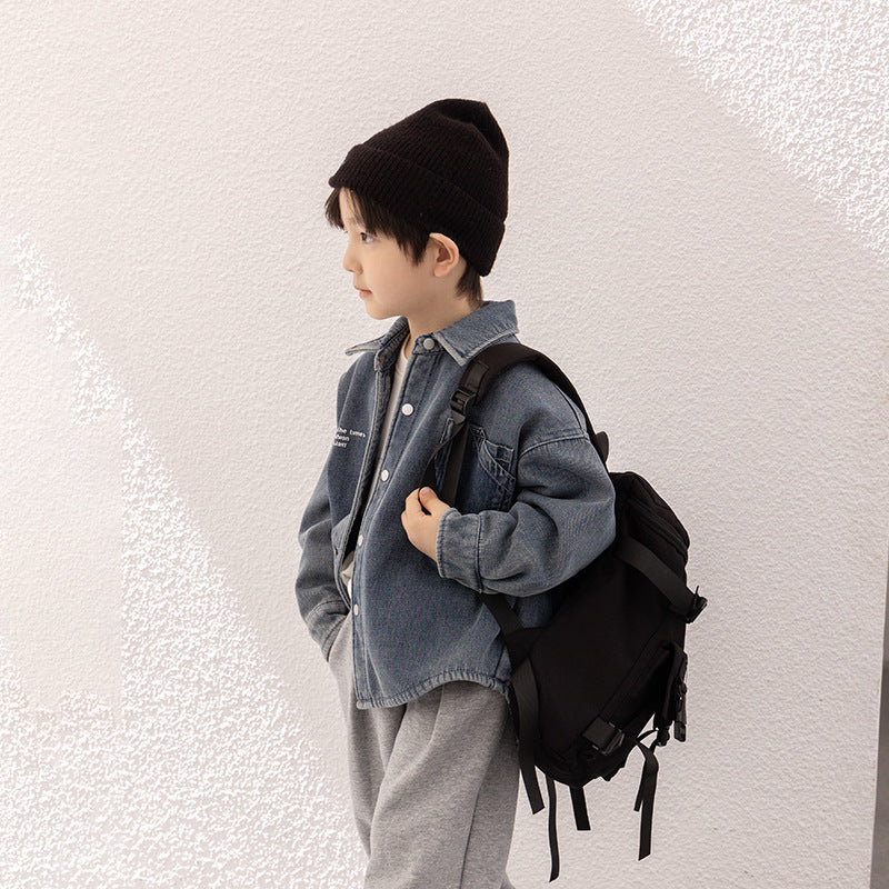 Amo Beibei 2023 Winter Children's Thickened Warm Shirt Boys and Girls Aoliang Velvet Handsome Letter Denim Jacket