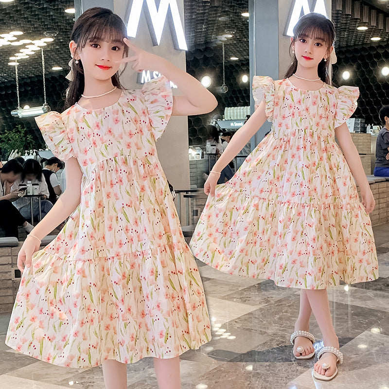 Summer girls floral dress pure cotton skirt fragrant wind flying sleeve vest cotton skirt medium and large children pink pastoral style dress