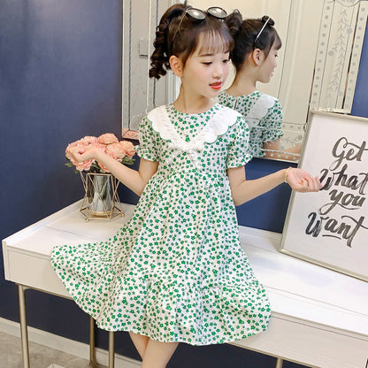 Summer children's pure cotton French palace puff sleeve dress short-sleeved floral princess middle and large children's stylish slim trend